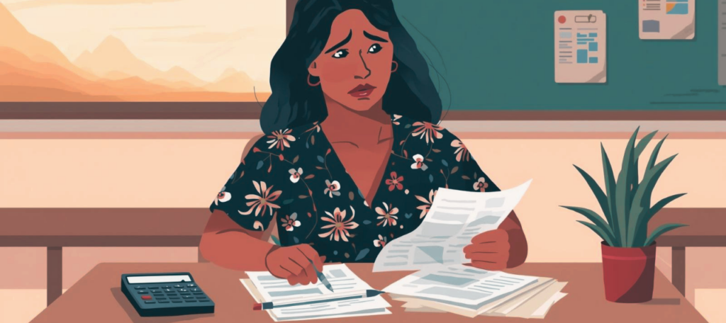 Editorial illustration of a teacher at a classroom desk after school, reviewing paperwork with a concerned but determined expression. Subtle hints of financial pressure (billing forms, calculator). Warm colors, clean composition, professional and empathetic tone, landscape orientation