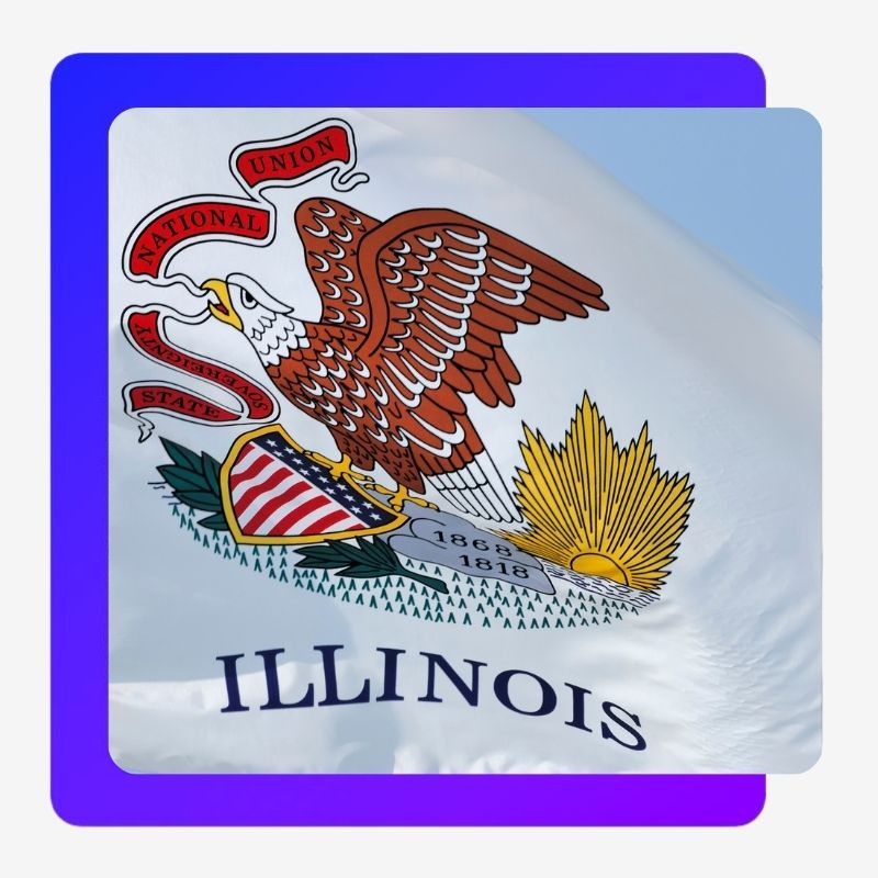 Decorative image of the Illinois state flag, a white field with the state seal at the center, displaying a bald eagle holding a shield and a banner with the motto “State Sovereignty, National Union,” and the word “Illinois” beneath it.