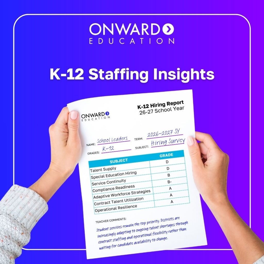 Infographic of a report card for the K-12 staffing situation for the 26-27 school year showing gaps and successes.